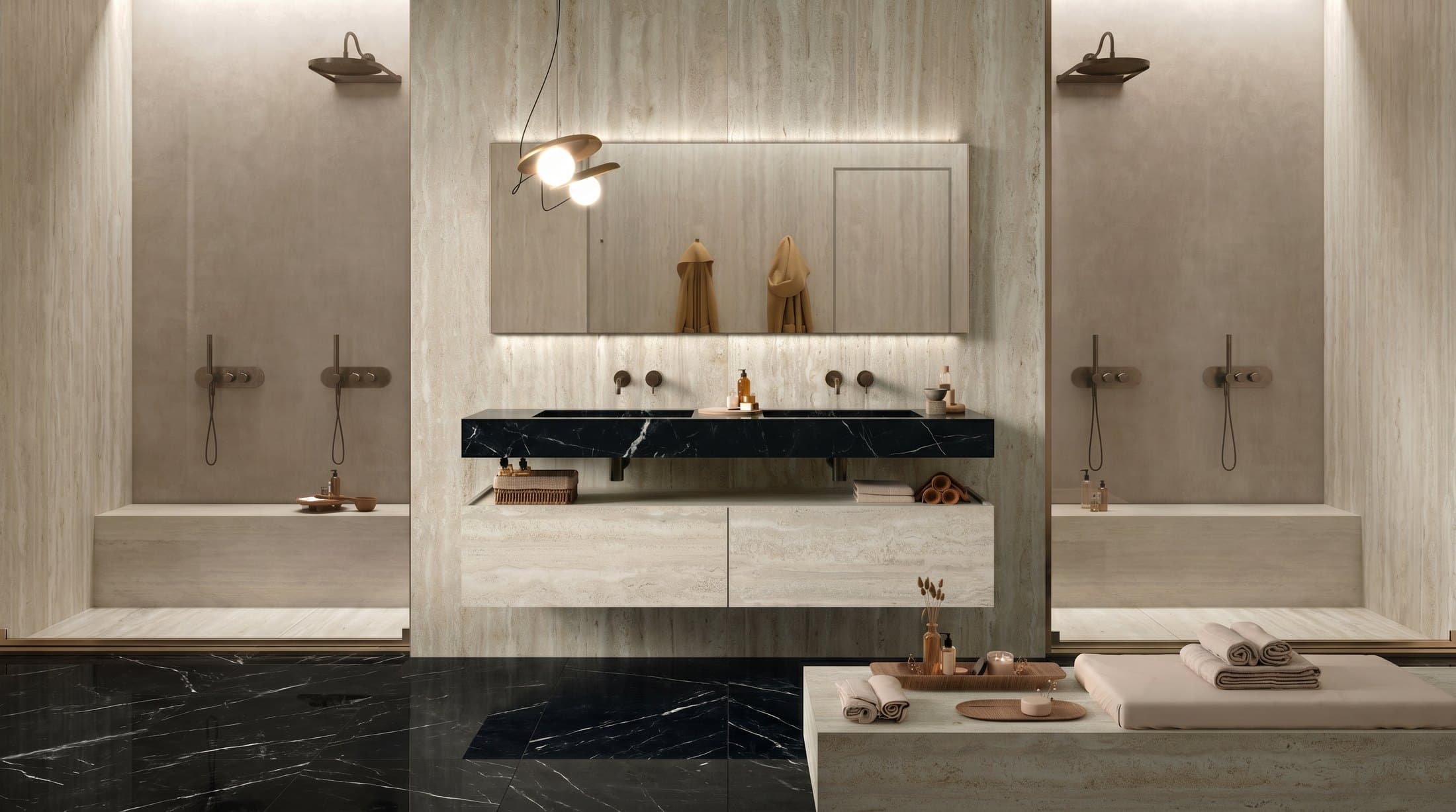 Bathmood look with a black marble vanity, travertine walls and a black marble floor