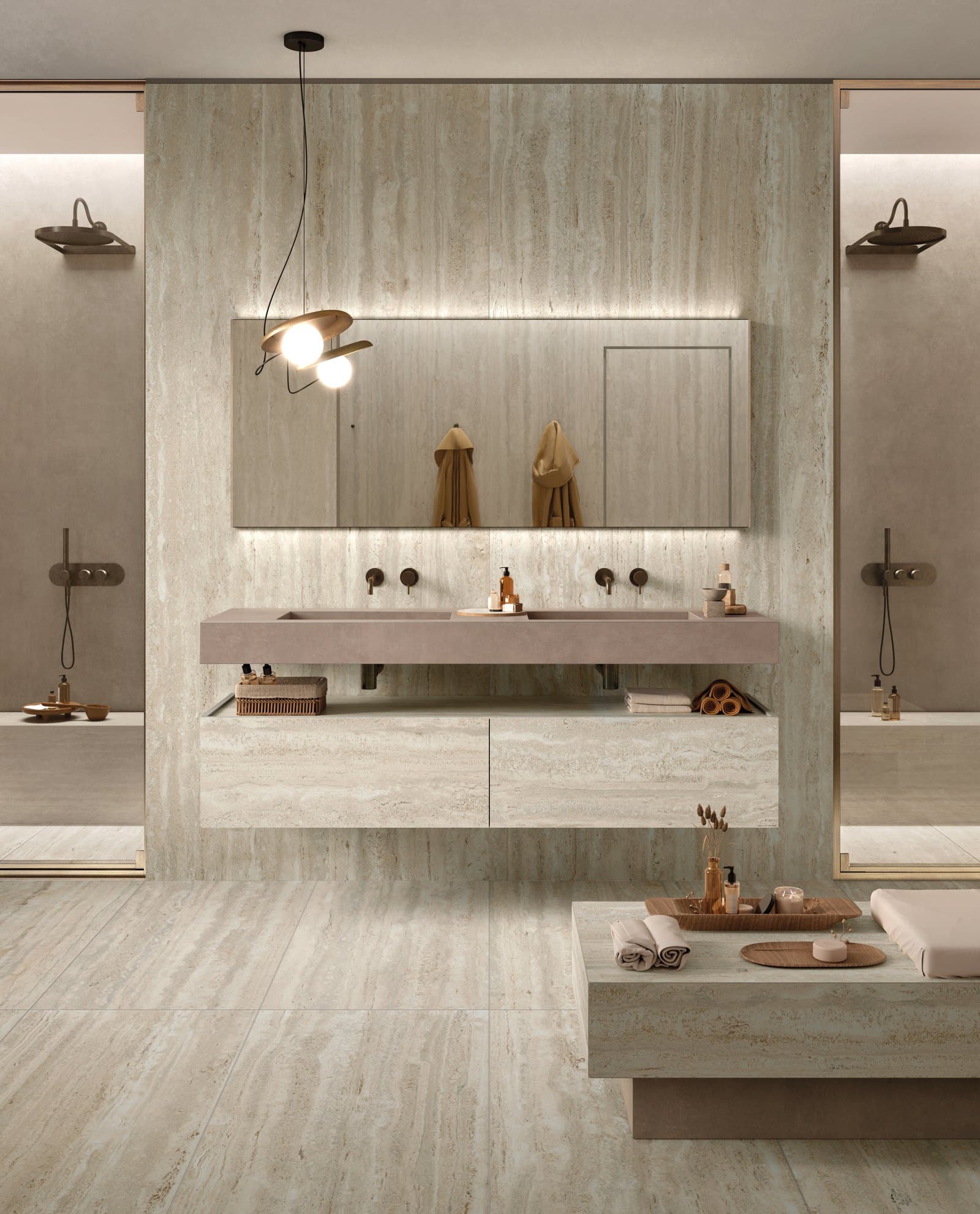 Travertine Bathmood vanity with a floating bench