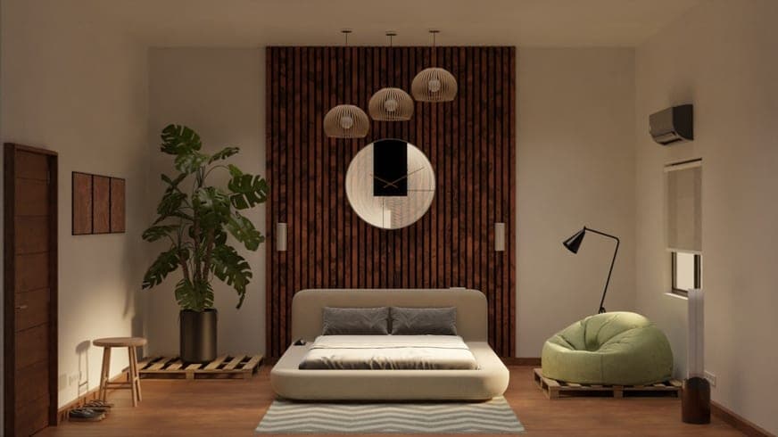 Bedroom with a full-height slatted wood accent wall, ribbed pendants and a low bed