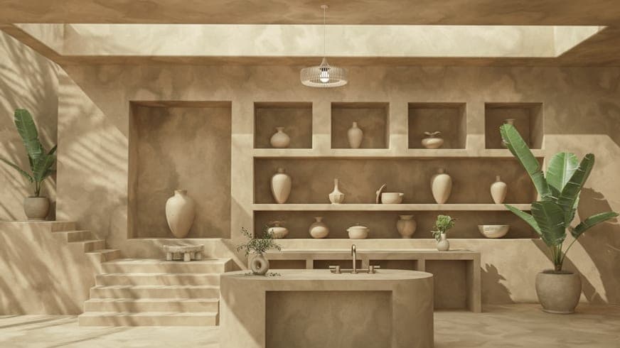 Sand-plaster kitchen with recessed alcoves of clay vessels and banana palms