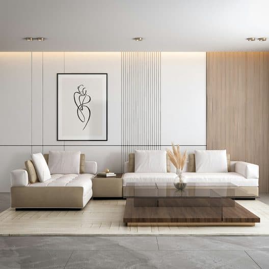 Cream living room with a modular sofa and a stacked wood and glass coffee table