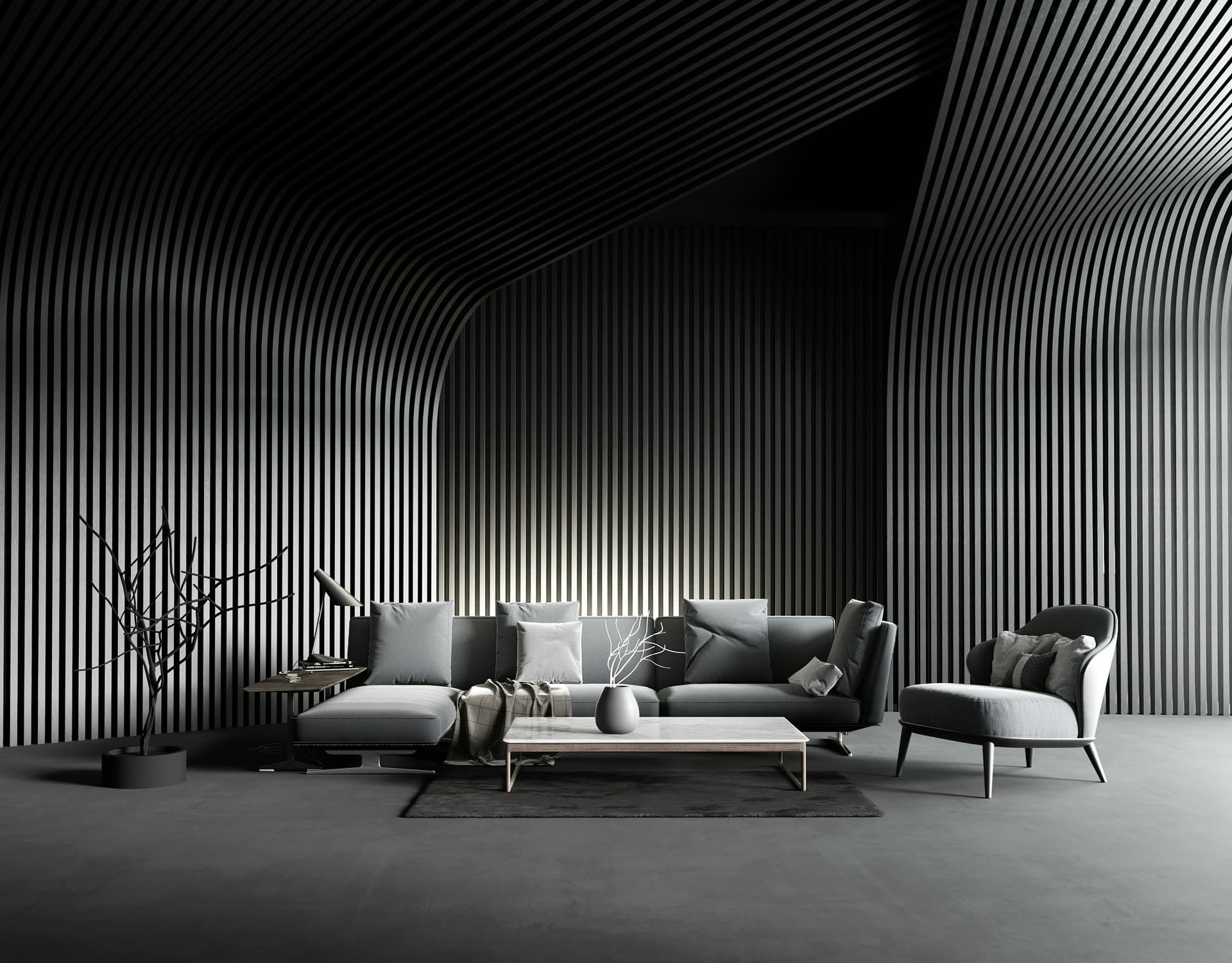 A dark living room lined floor to ceiling with fine vertical timber slats that curve overhead, holding a low grey sectional sofa, a matching armchair and a stone-topped coffee table.