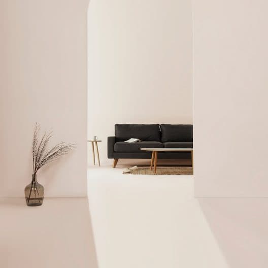 Living room with a charcoal sofa and a dried-stem vase against a warm white plaster wall