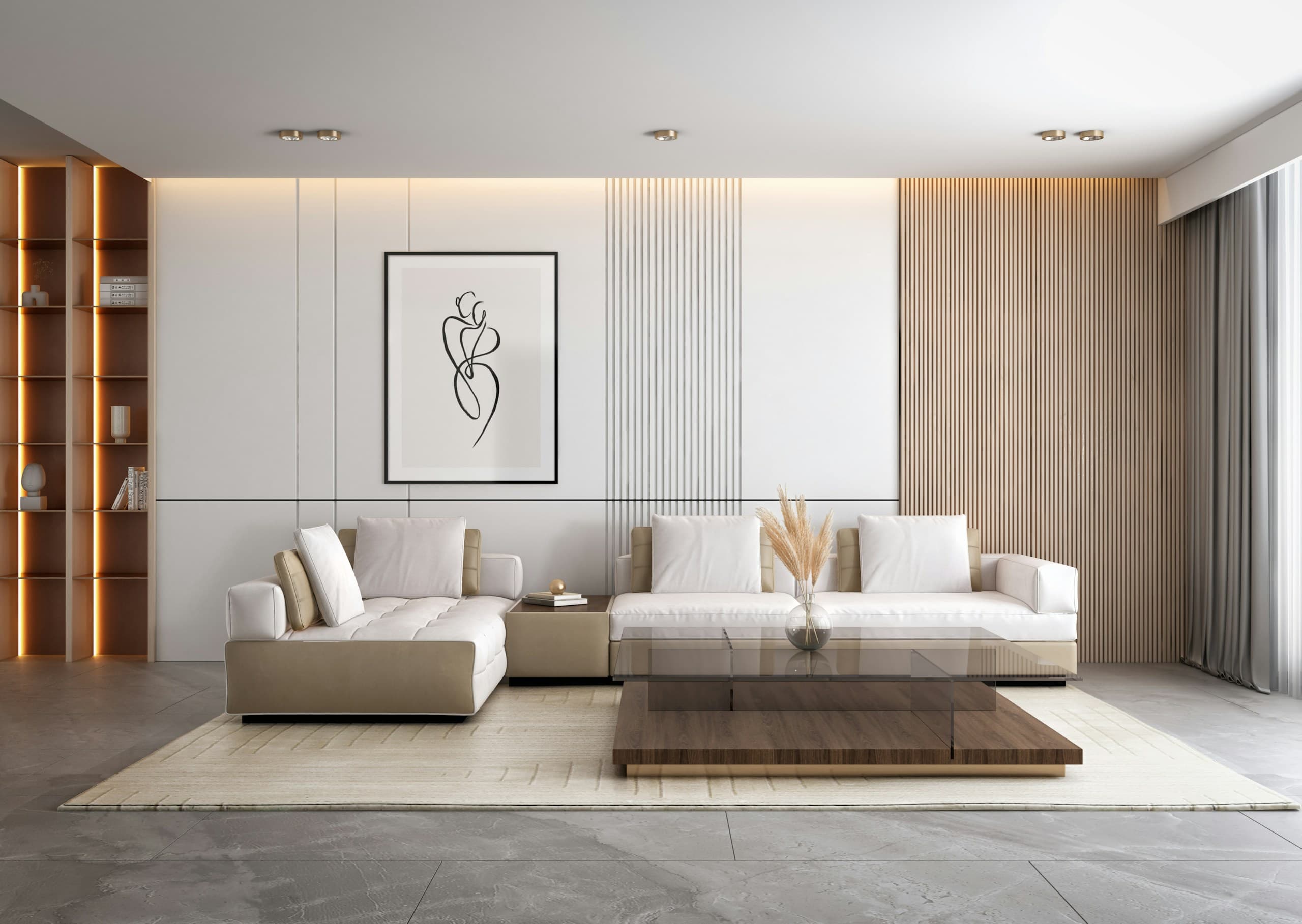 Warm neutral living room with white sofas, wood slats and a glass coffee table