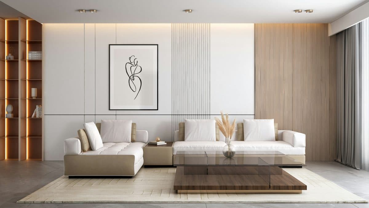 Cream living room with a modular sofa, a stacked wood and glass coffee table and a fluted oak wall